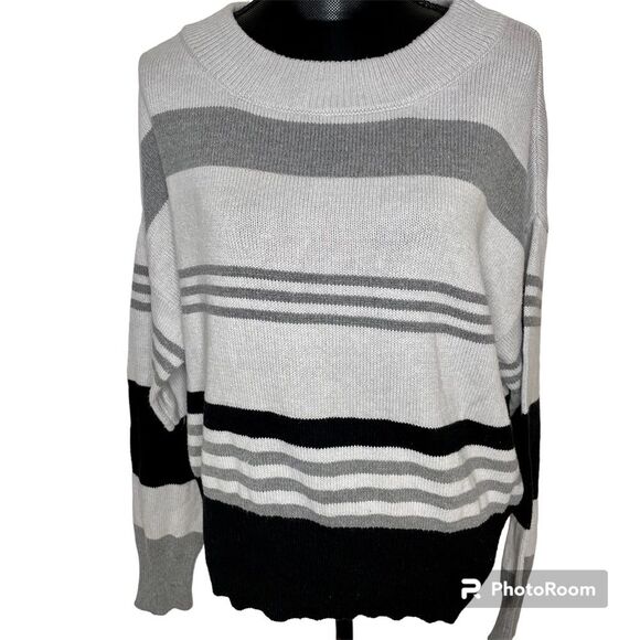 Lucky Brand Stripe Sweater Colorblock Crewneck Pullover Gray Black Size Large - Picture 2 of 11